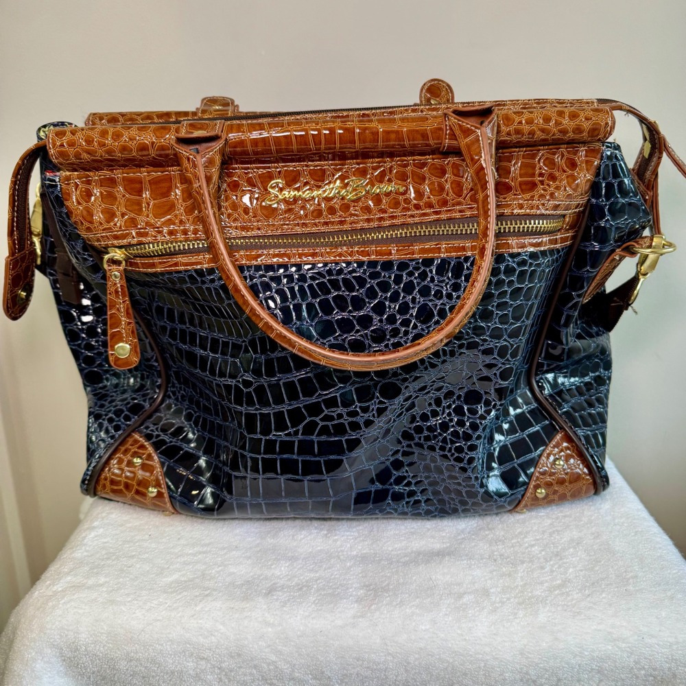 Samantha Brown Navy Brown Croc Embossed Patent Satchel Dowel Travel Bag